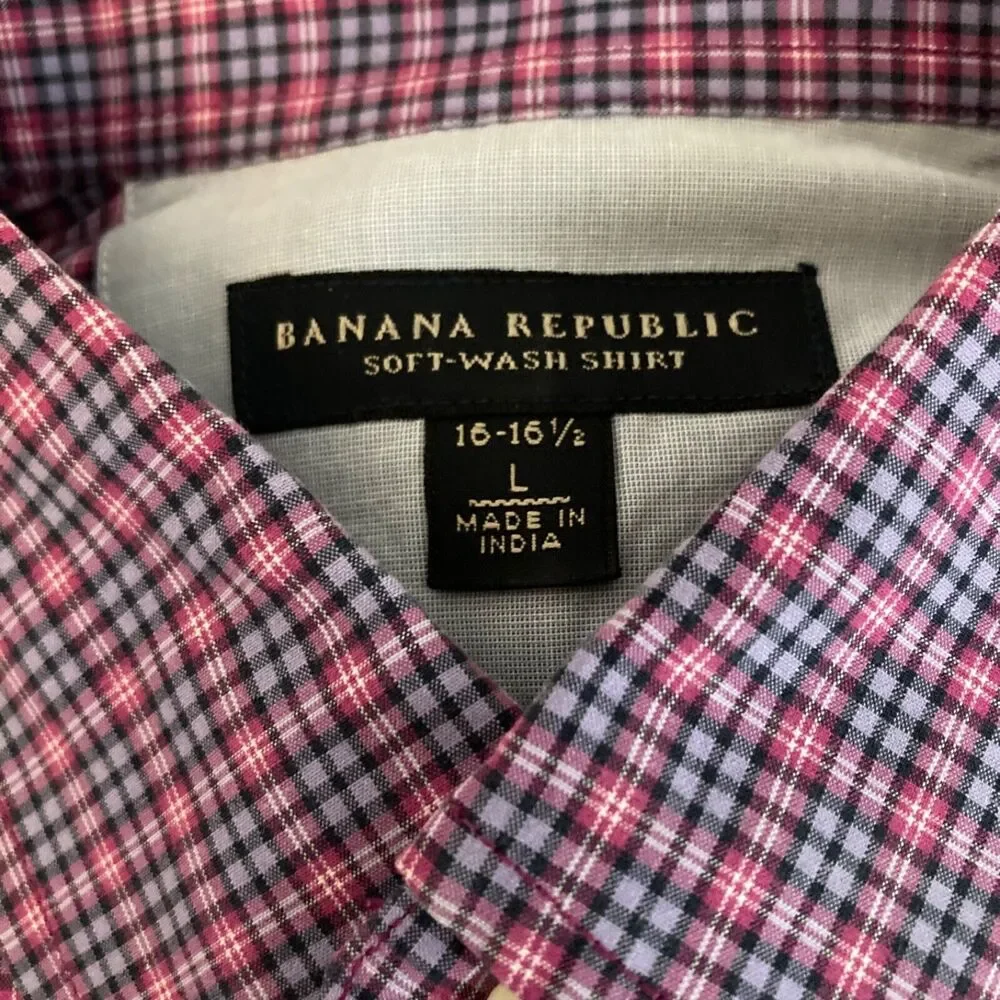 Banana Republic Shirt Mens Sz L‎ Pink Blue Plaid Button Up Long Sleeve Cotton